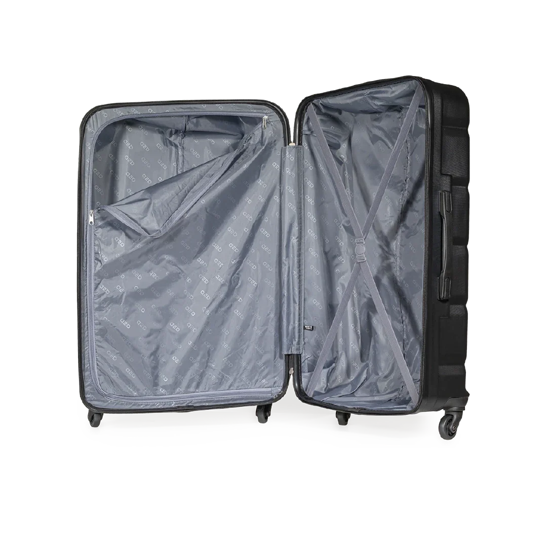 Open black suitcase on a white background