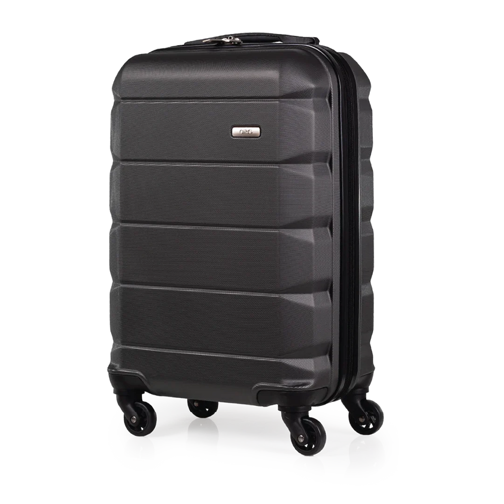 Black suitcase with wheels on a white background