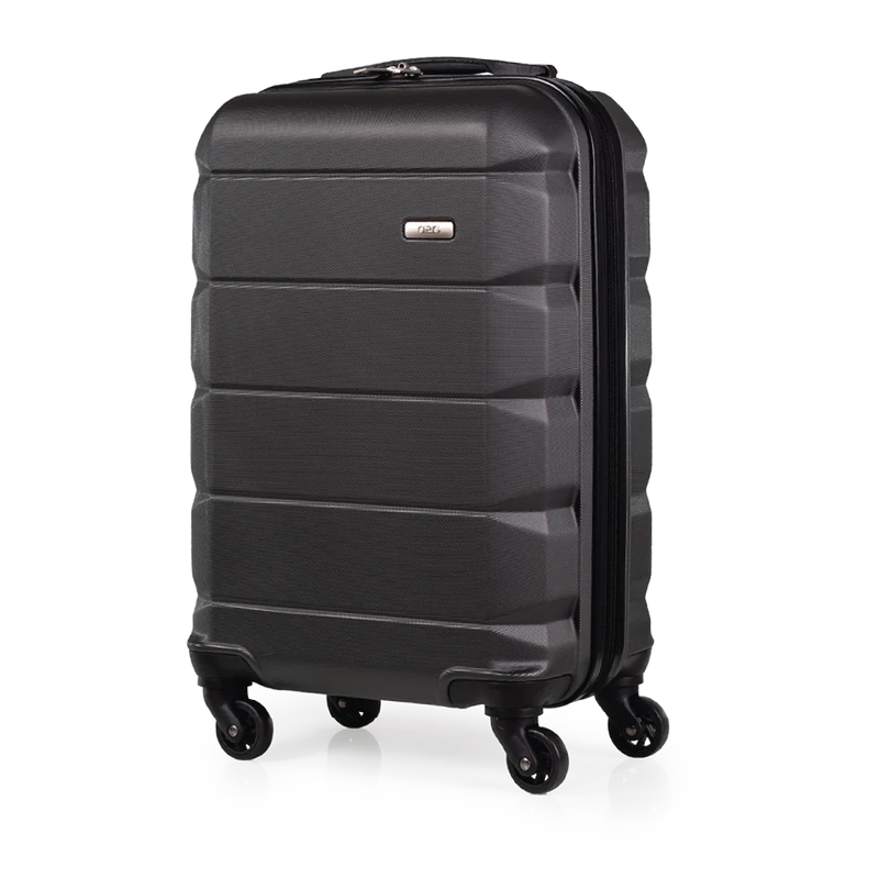 Black suitcase with wheels on a white background