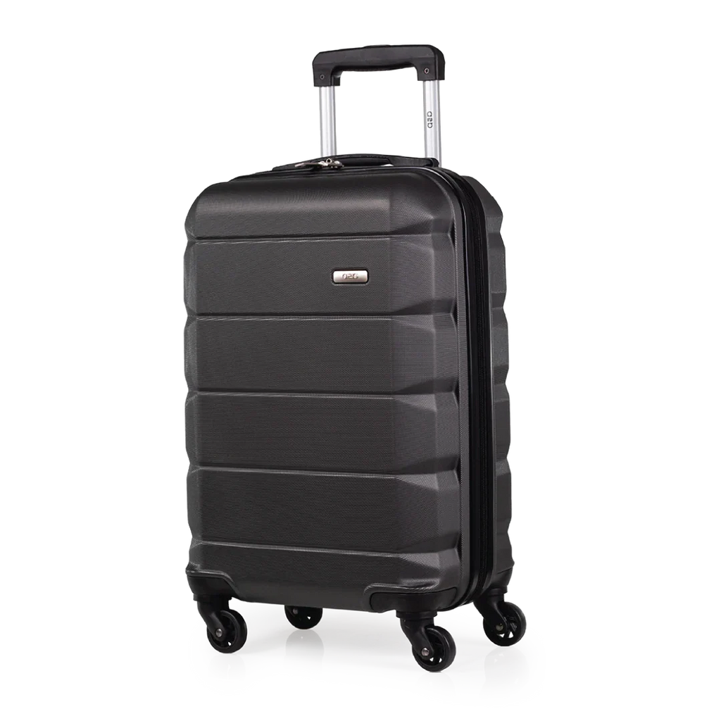 Black suitcase with wheels and handle on a white background