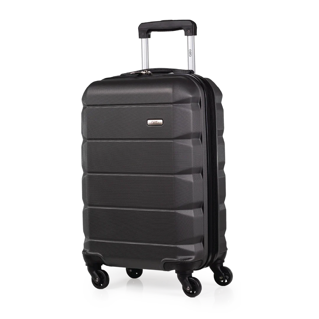 Black suitcase with wheels and handle on a white background