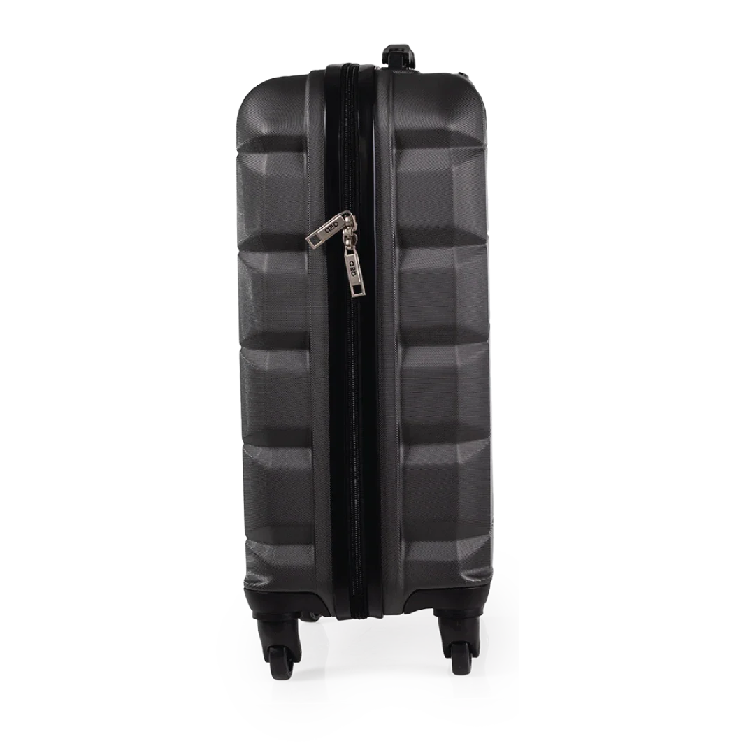 Black suitcase with a textured pattern on a white background