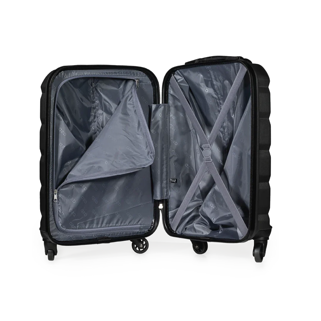 Black suitcase with open compartments on a white background