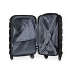 Black suitcase with open compartments on a white background