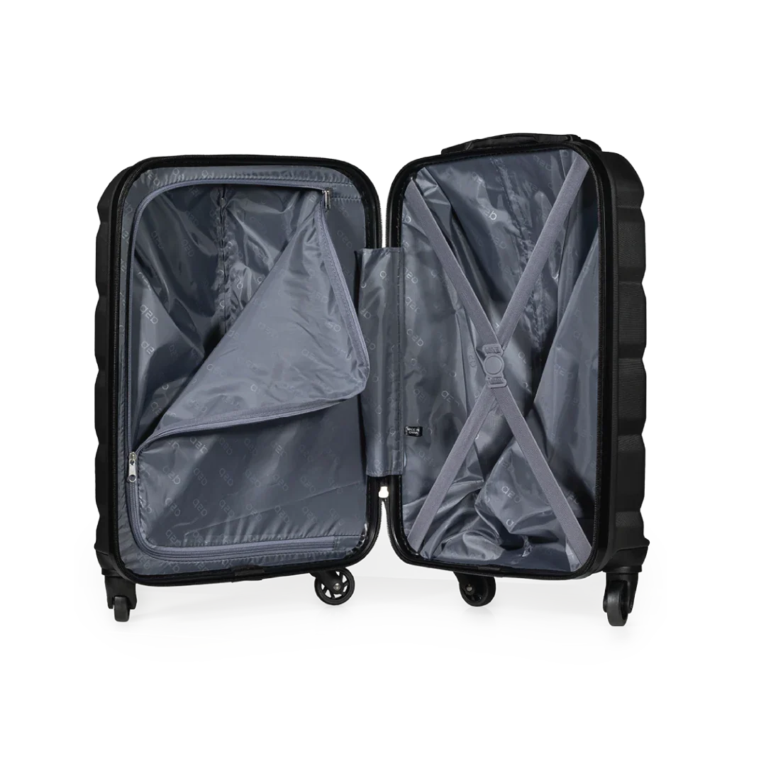 Black suitcase with open compartments on a white background