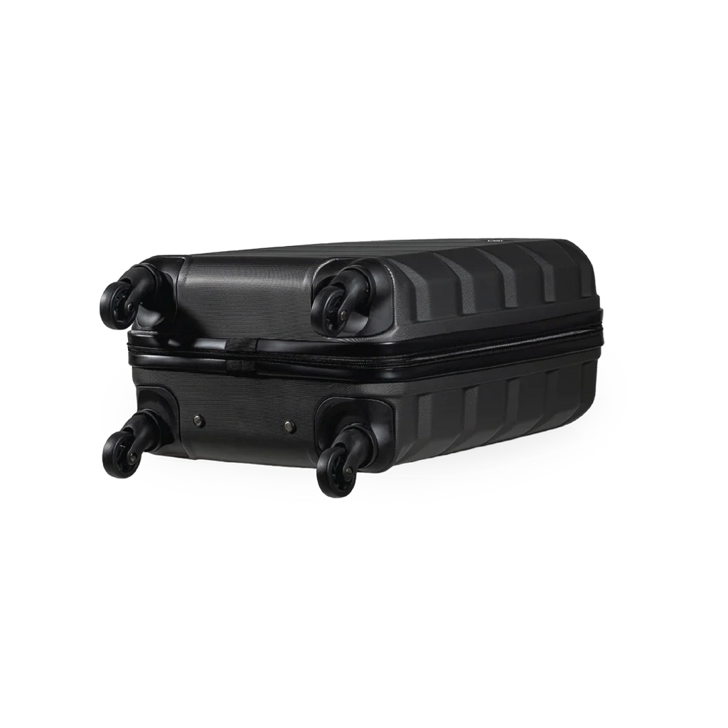 Black suitcase with wheels on a white background