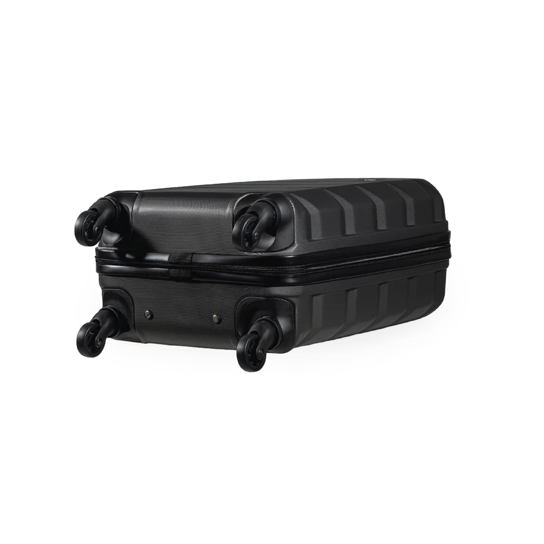 Black suitcase with wheels on a white background