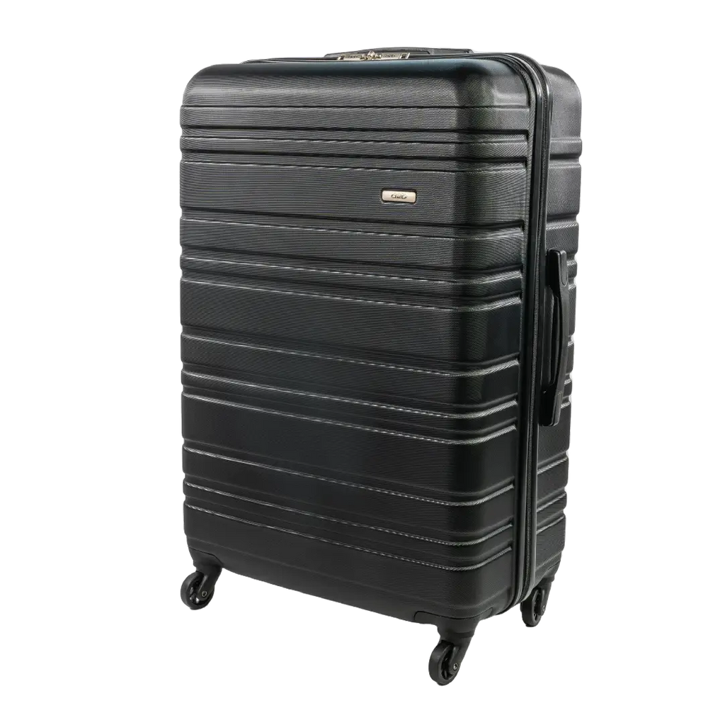 Black suitcase with a visible brand logo on a white background