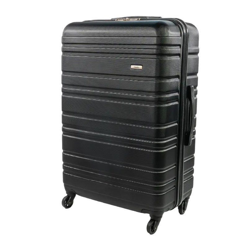Black suitcase with a visible brand logo on a white background