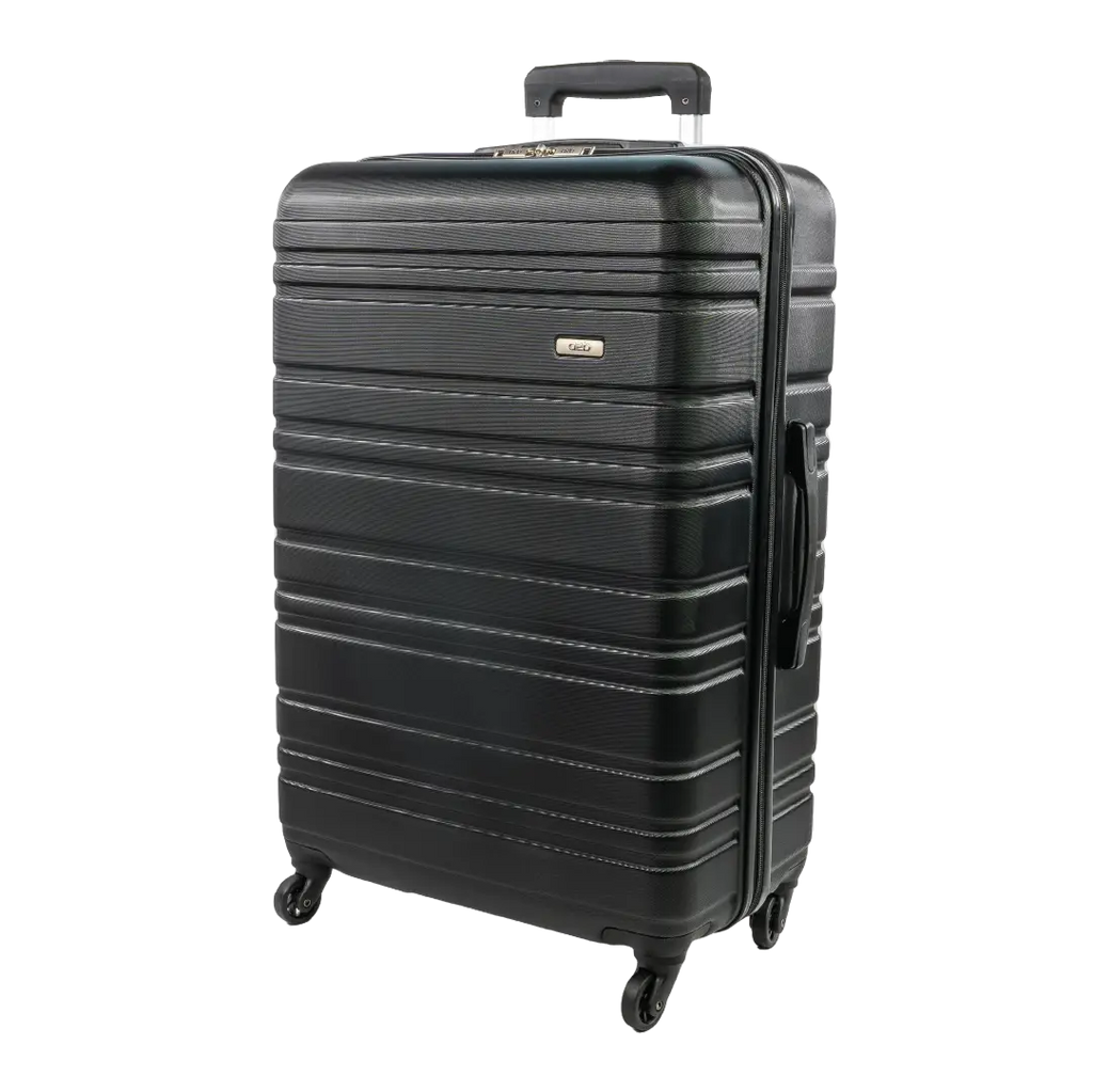 Black suitcase with a textured surface on a white background