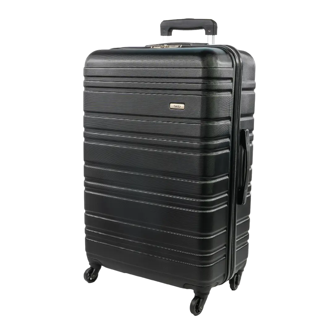 Black suitcase with a textured surface on a white background