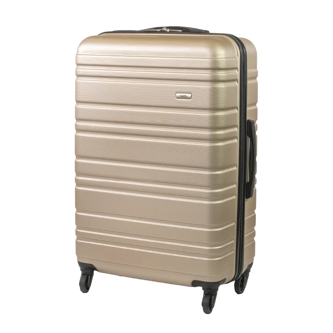 Beige suitcase with black wheels and handle on a white background