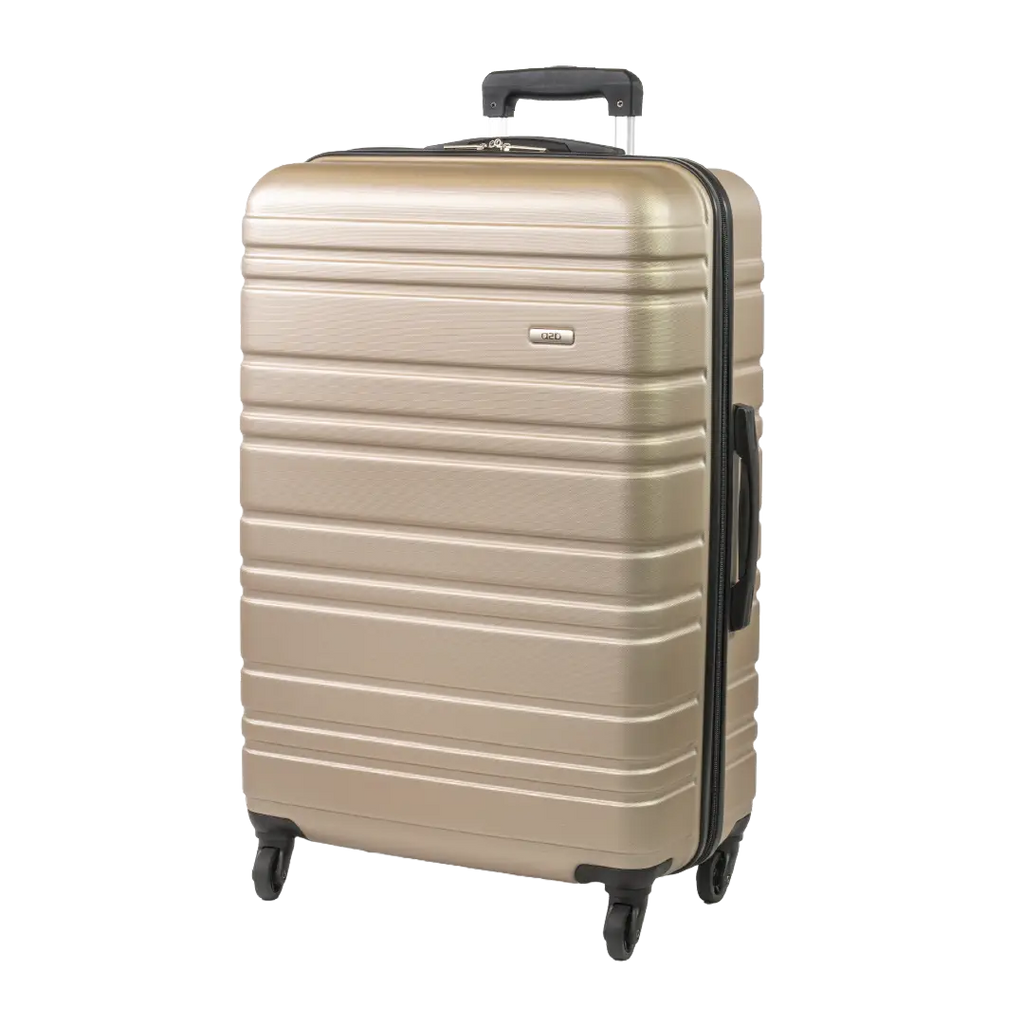 Beige suitcase with black handle and wheels on a white background