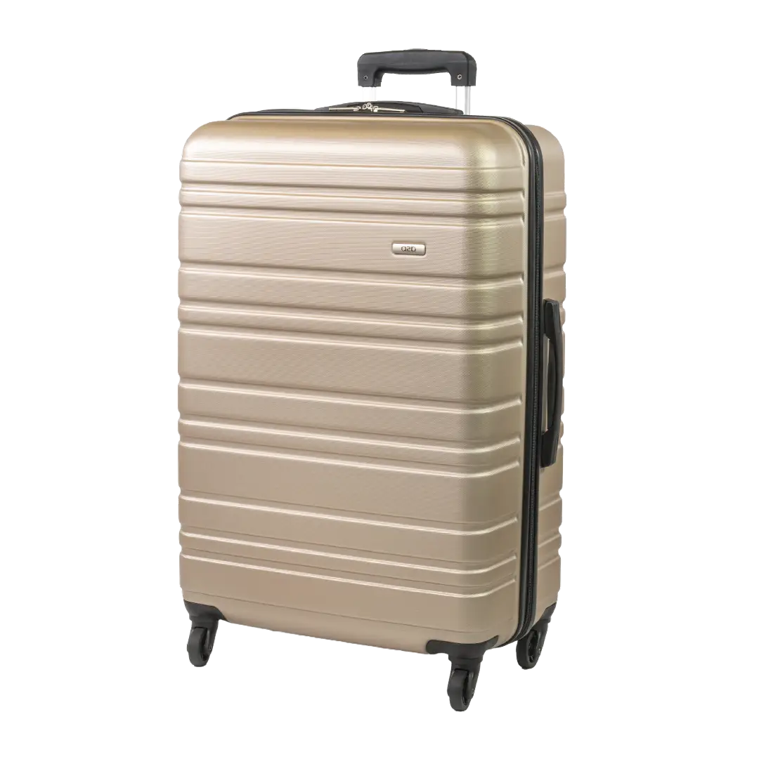 Beige suitcase with black handle and wheels on a white background