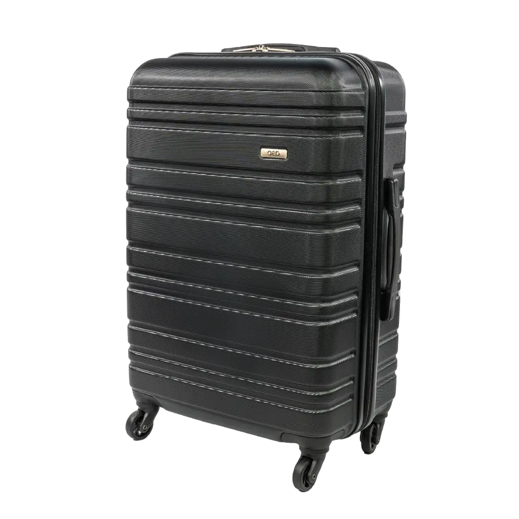 Black suitcase with a visible brand logo on a white background