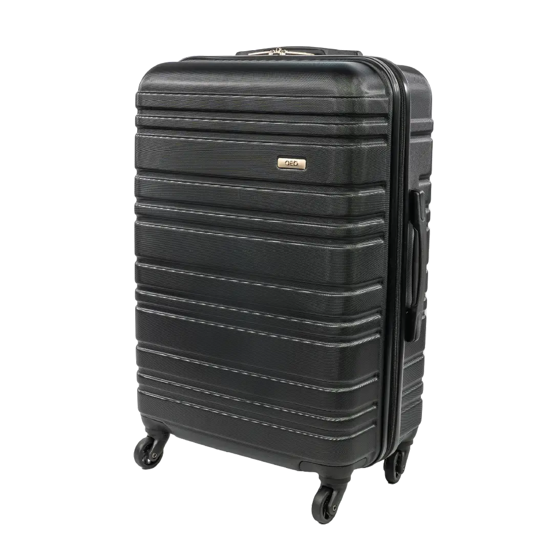 Black suitcase with a visible brand logo on a white background