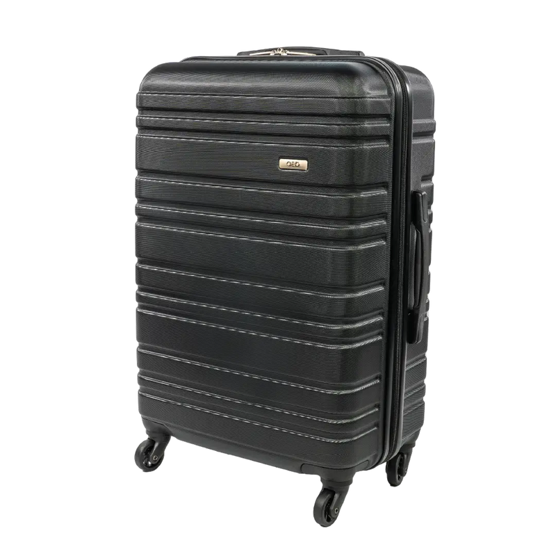 Black suitcase with a visible brand logo on a white background