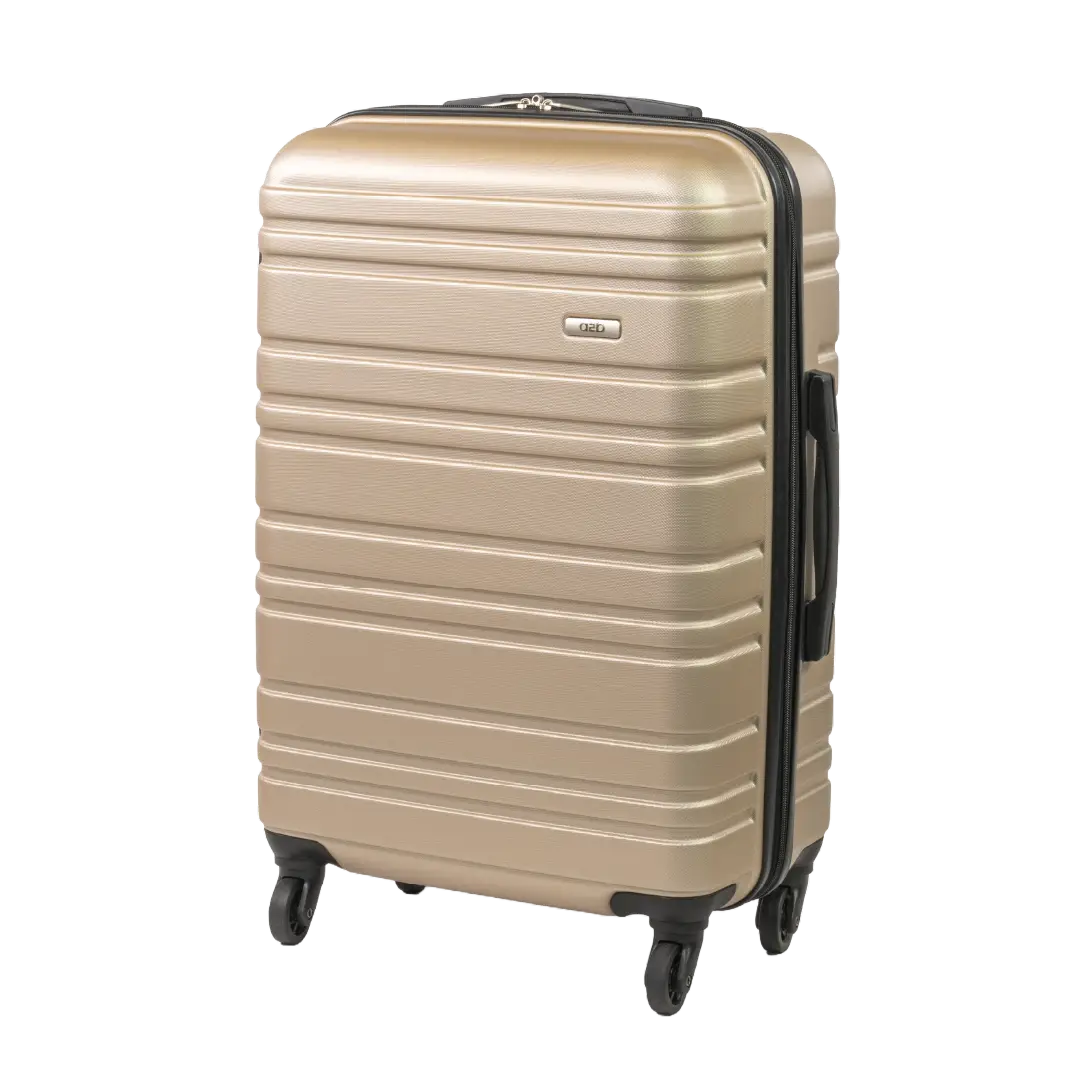 Beige suitcase with black handle and wheels on a white background