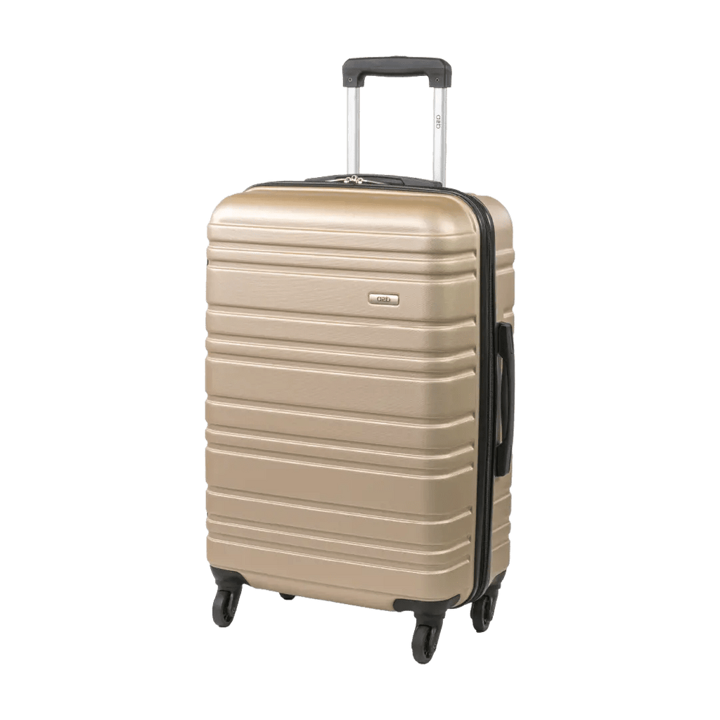 Beige suitcase with a black handle on a white background