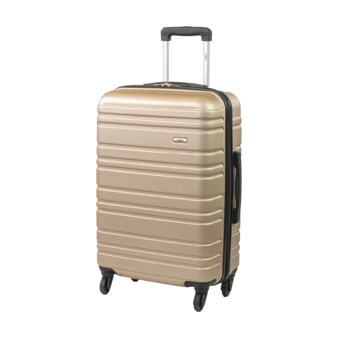 Beige suitcase with a black handle on a white background