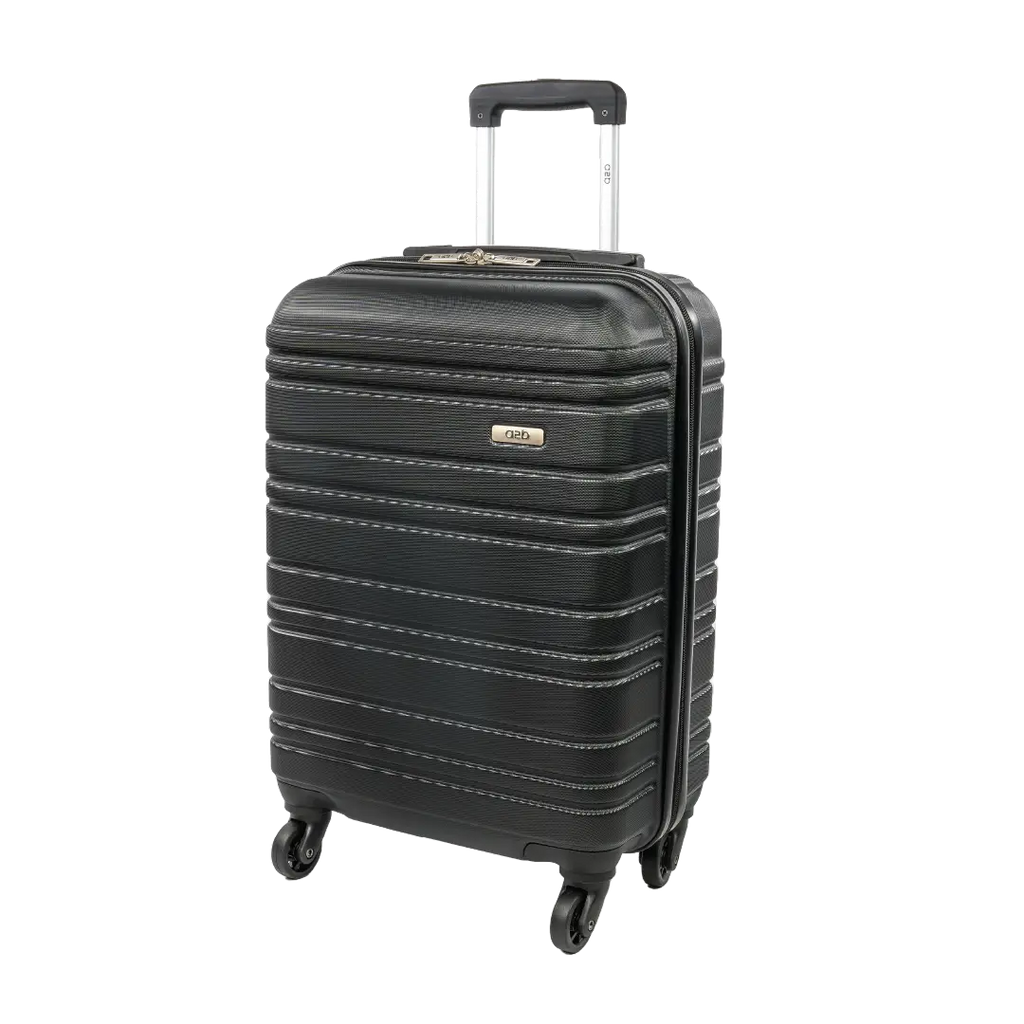 Black suitcase with a visible brand logo on a white background