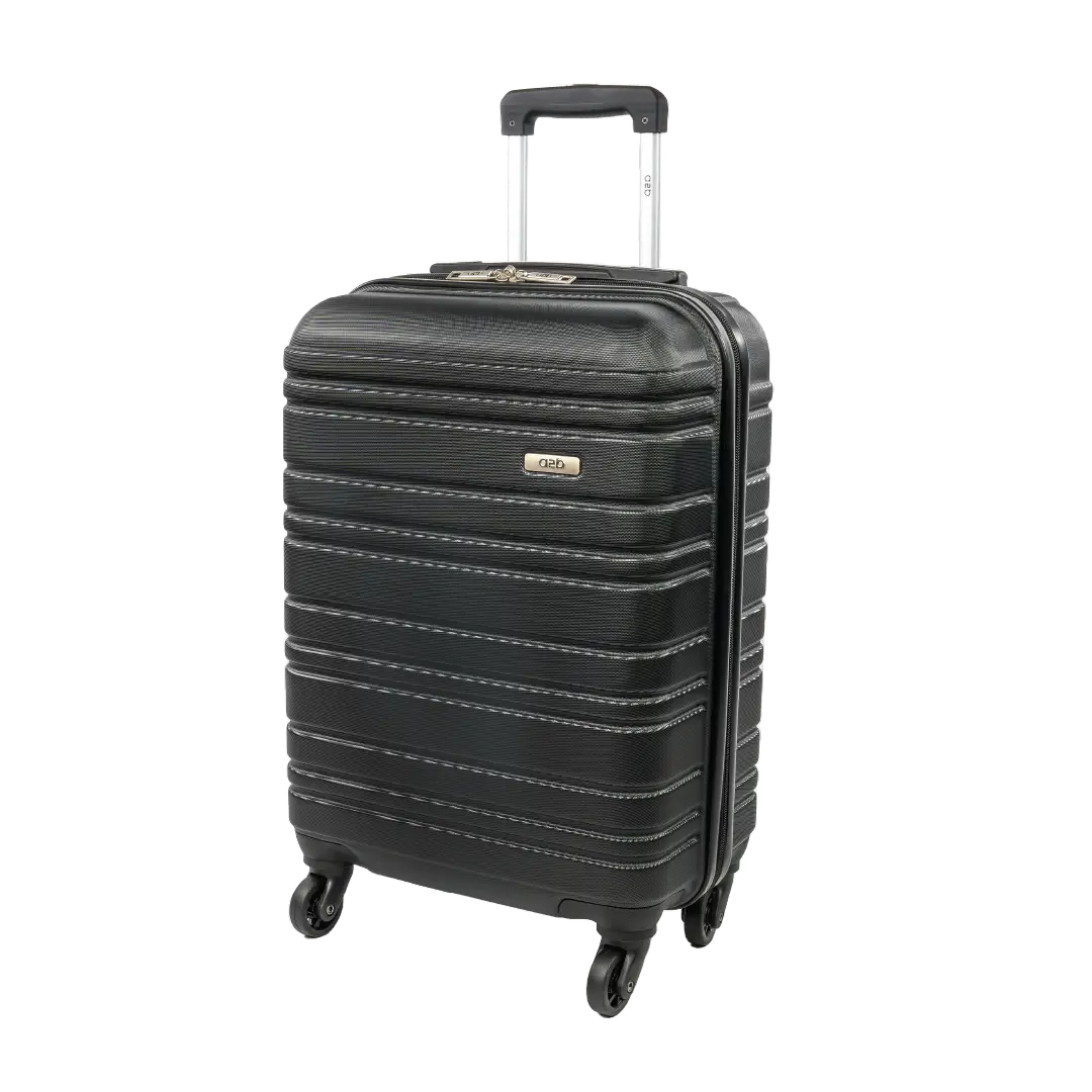 Black suitcase with a visible brand logo on a white background