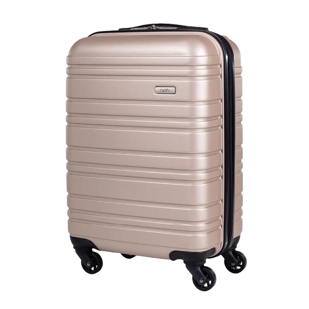 Beige suitcase with black wheels on a white background