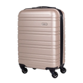 Beige suitcase with black wheels on a white background
