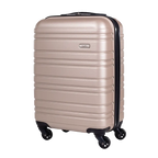 Beige suitcase with black wheels on a white background