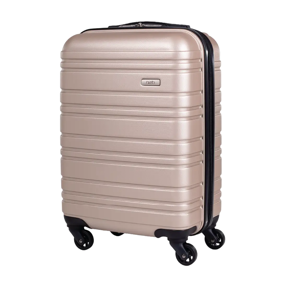 Beige suitcase with black wheels on a white background