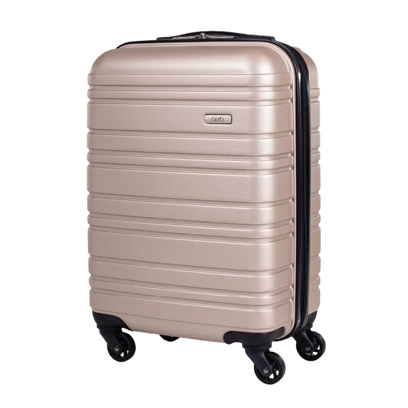 Beige suitcase with black wheels on a white background