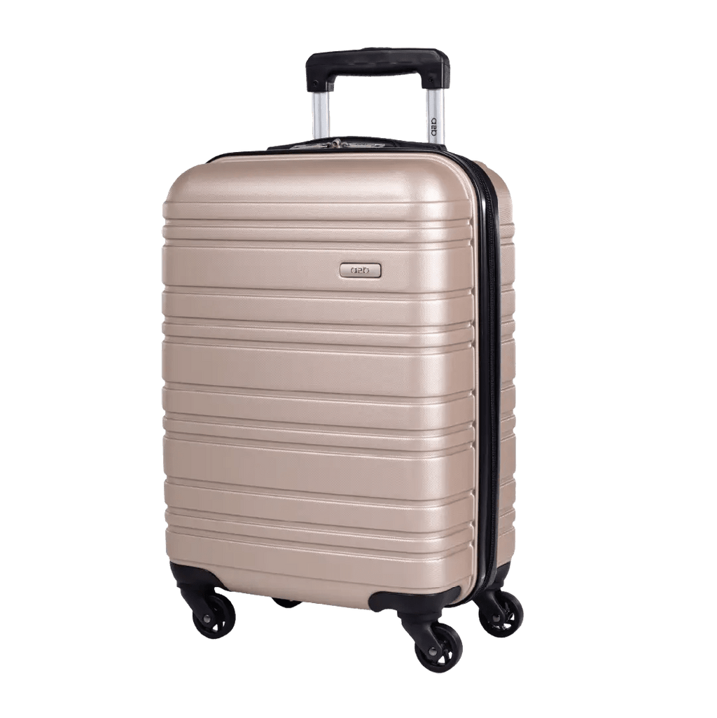 Beige suitcase with black wheels and handle on a white background