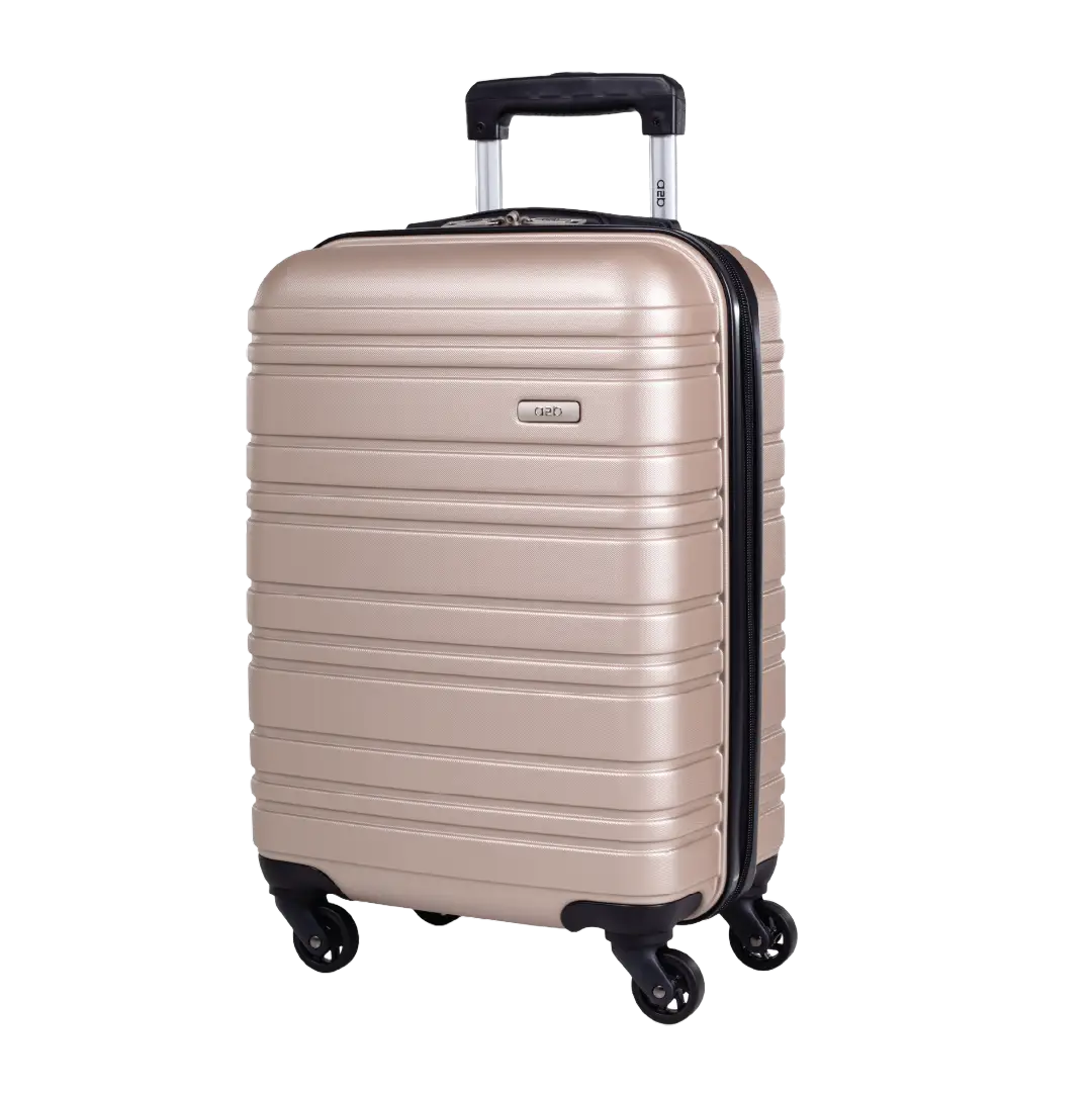 Beige suitcase with black wheels and handle on a white background