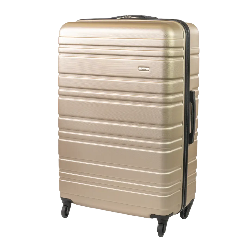Beige suitcase with black handle and wheels on a white background