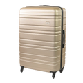 Beige suitcase with black handle and wheels on a white background