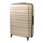 Beige suitcase with black handle and wheels on a white background