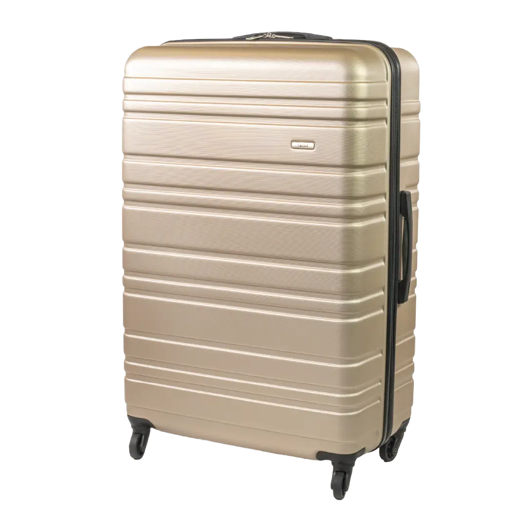 Beige suitcase with black handle and wheels on a white background