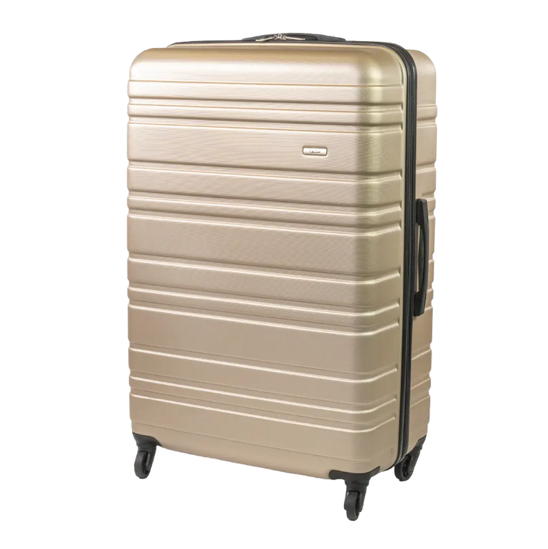 Beige suitcase with black handle and wheels on a white background