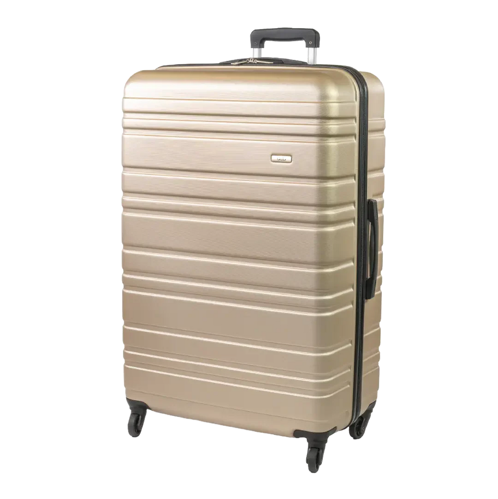 Beige suitcase with black handle and wheels on a white background