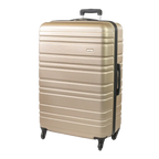 Beige suitcase with black handle and wheels on a white background