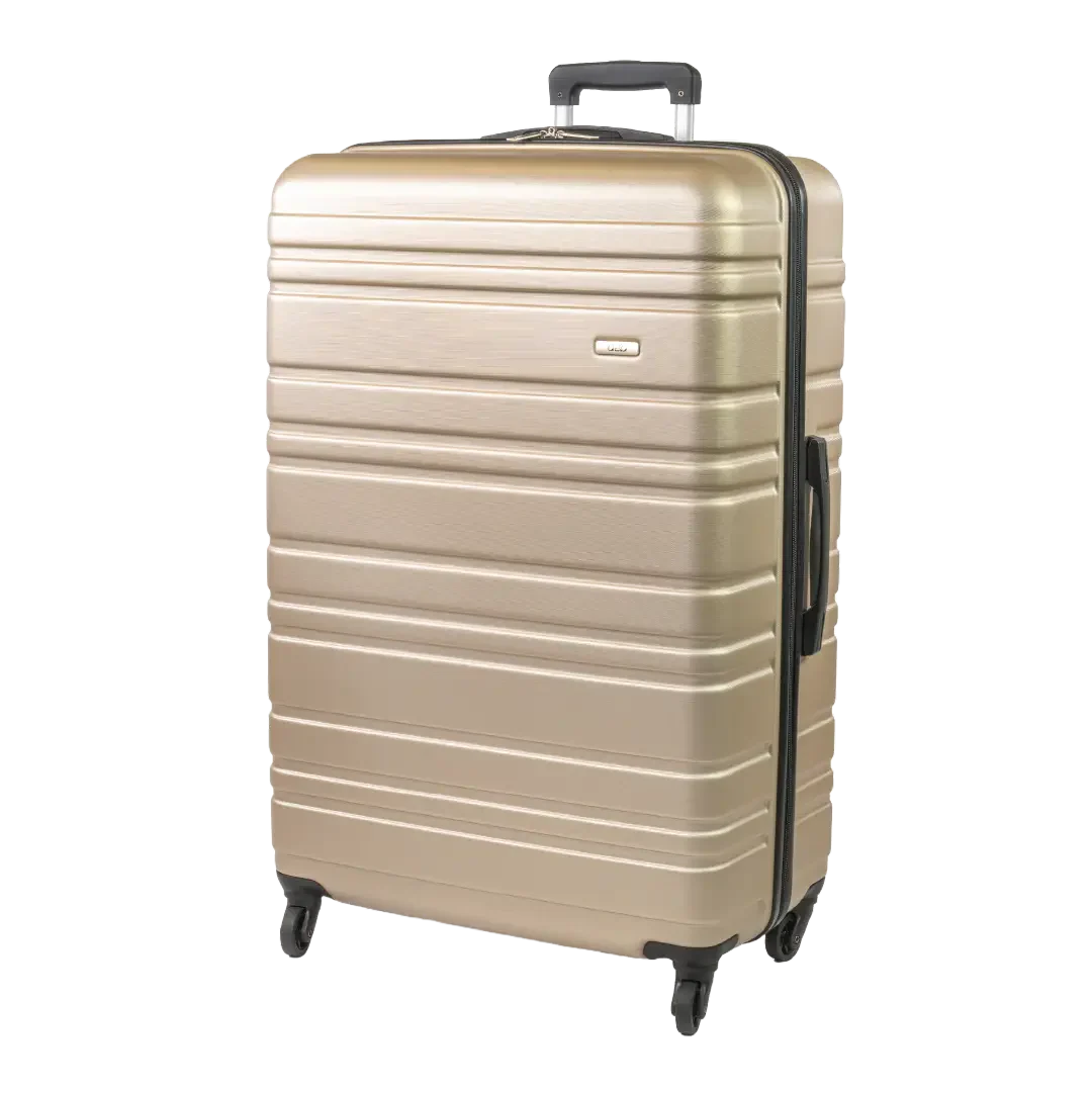 Beige suitcase with black handle and wheels on a white background