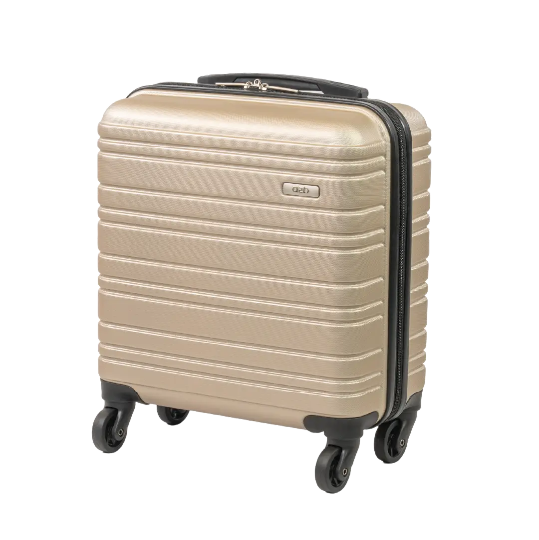 Beige suitcase with black wheels and handle on a white background