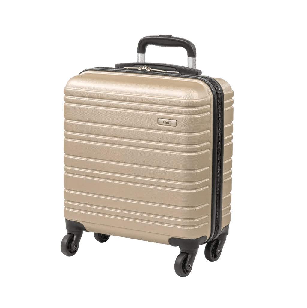 Beige suitcase with black handle and wheels on a white background