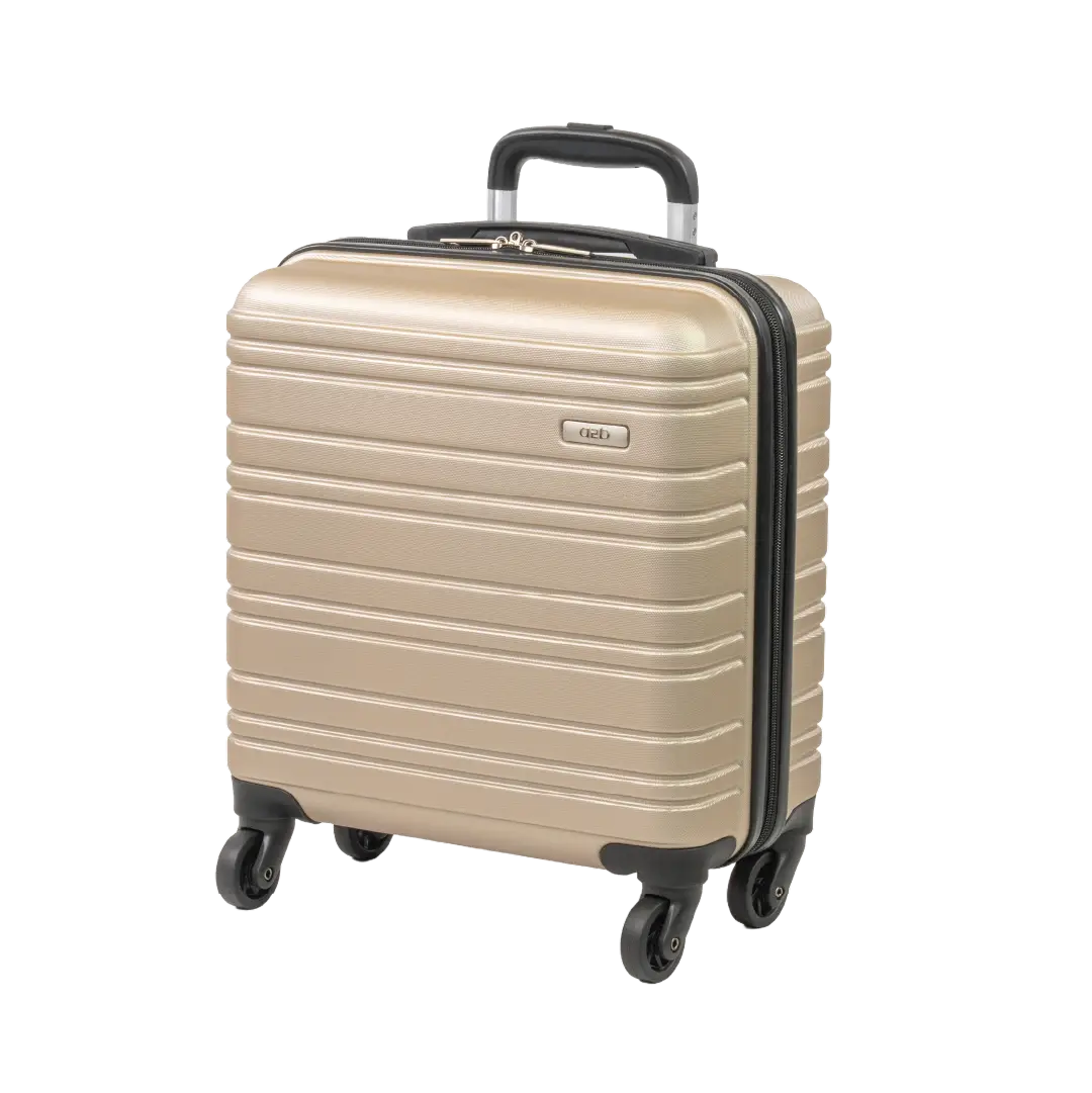 Beige suitcase with black handle and wheels on a white background