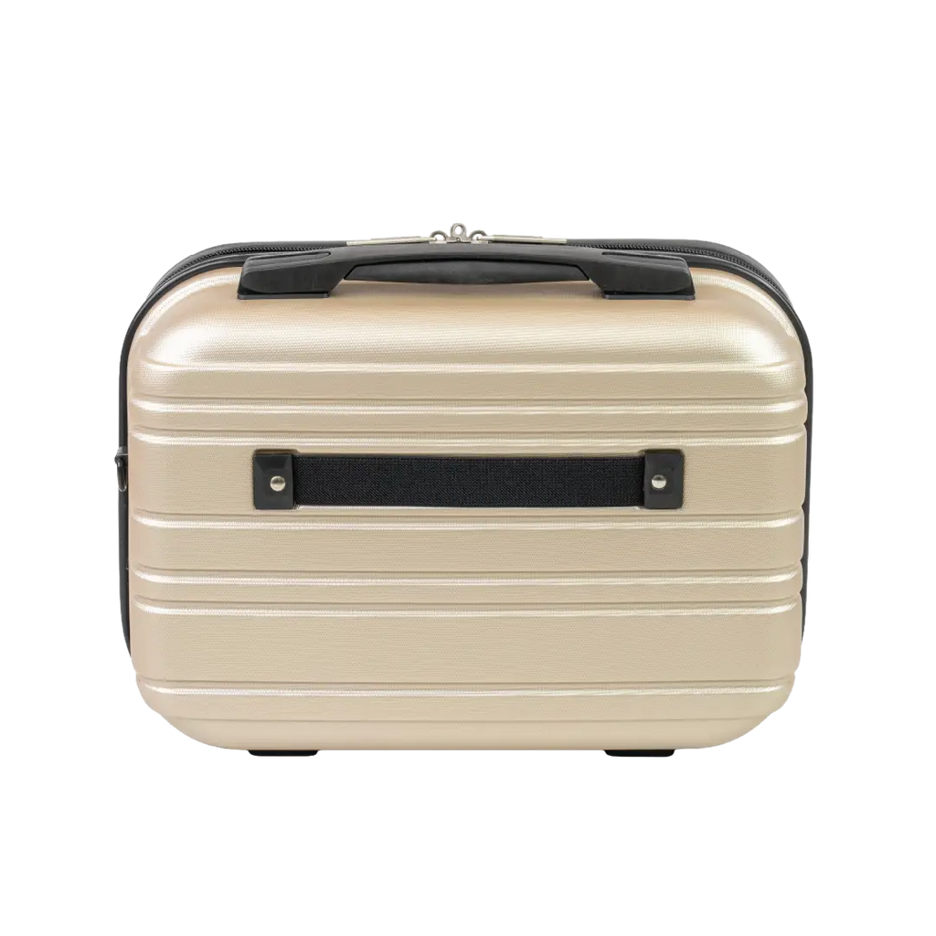 Beige suitcase with black handles on a white background