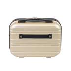 Beige suitcase with black handles on a white background