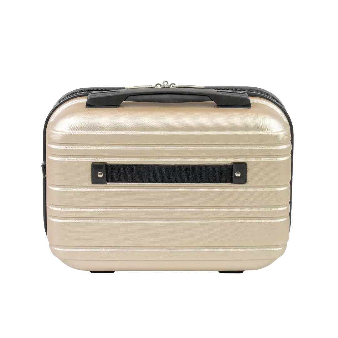 Beige suitcase with black handles on a white background