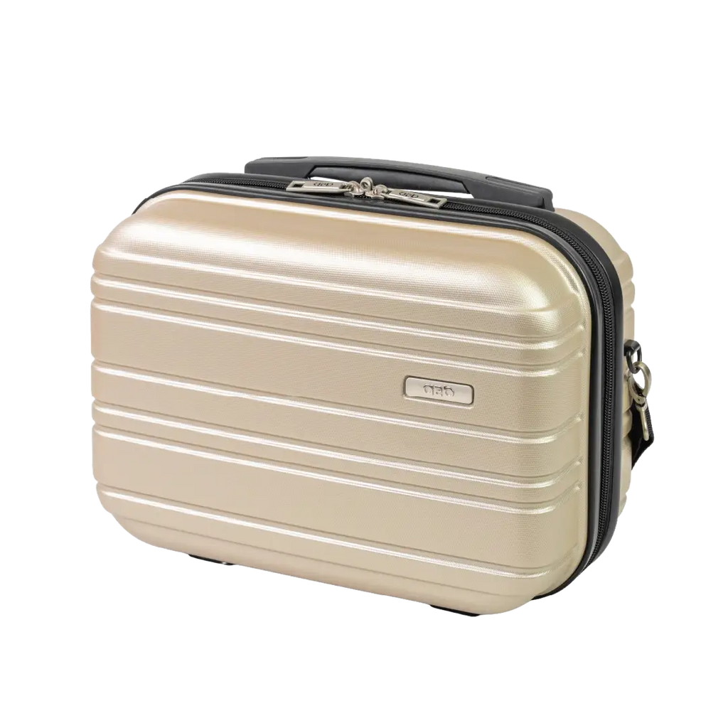 Beige travel case with black handle on a white background