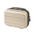 Beige travel case with black handle on a white background