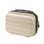 Beige travel case with black handle on a white background